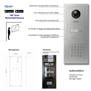 Goliath IP Video Türsprechanlage mit Kamera, 7 Zoll, weiß, Zahlencode, RFID, silber.