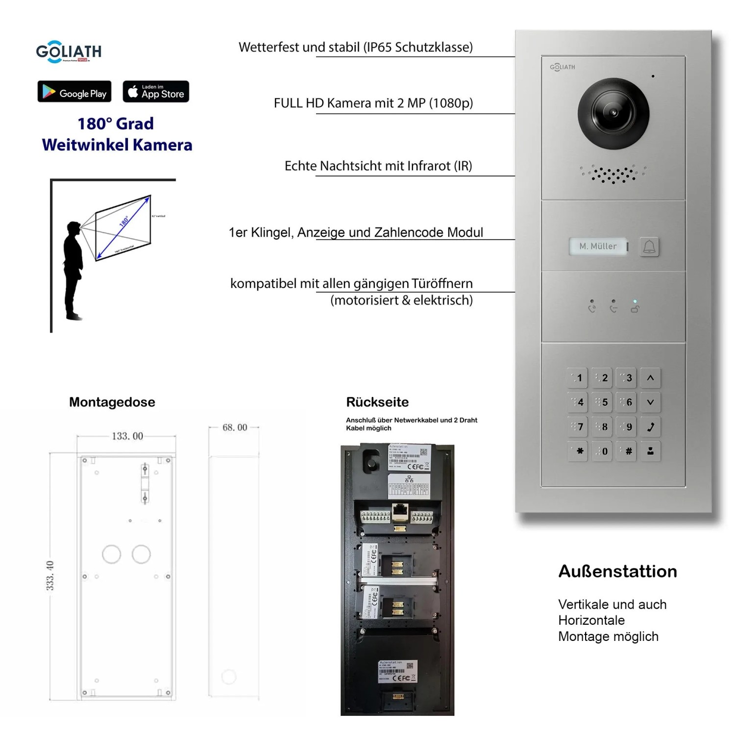 Goliath IP Video Türsprechanlage mit Kamera, 7 Zoll, weiß, Zahlencode, RFID, silber.