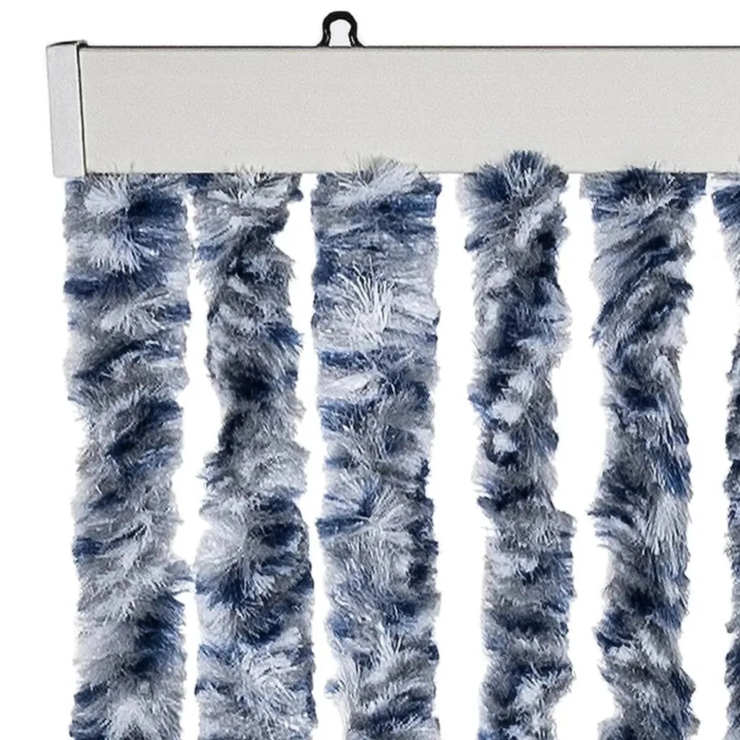 Blau-weißer Fliegenvorhang (100x200 cm) aus Chenille. Ideal als Insektenschutz für Türen.