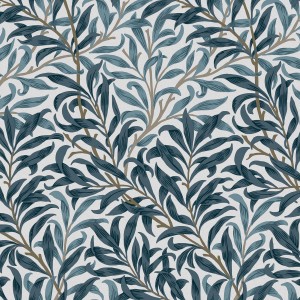 William Morris Vliestapete Willow Bough, blau-weißes Blätterdesign.