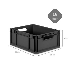 Schwarze PROREGAL Eurobox 16L mit Griffen, 30x40x17cm, für Lagerung und Transport.