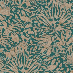 Vliestapete mit Palmenmuster in Dunkelgrün und Gold. Dekorative Tapete für Wohn- und Schlafzimmer.