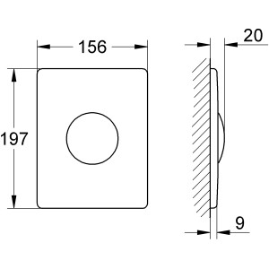 Technische Zeichnung: Grohe Skate WC-Drückerplatte aus Edelstahl, Maße 156x197mm, senkrechte Montage.