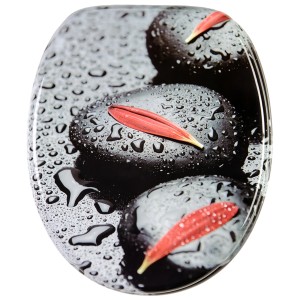 Sanilo WC-Sitz Elegance mit Absenkautomatik, Holz, Motiv: Steine mit Tautropfen und Blütenblatt.