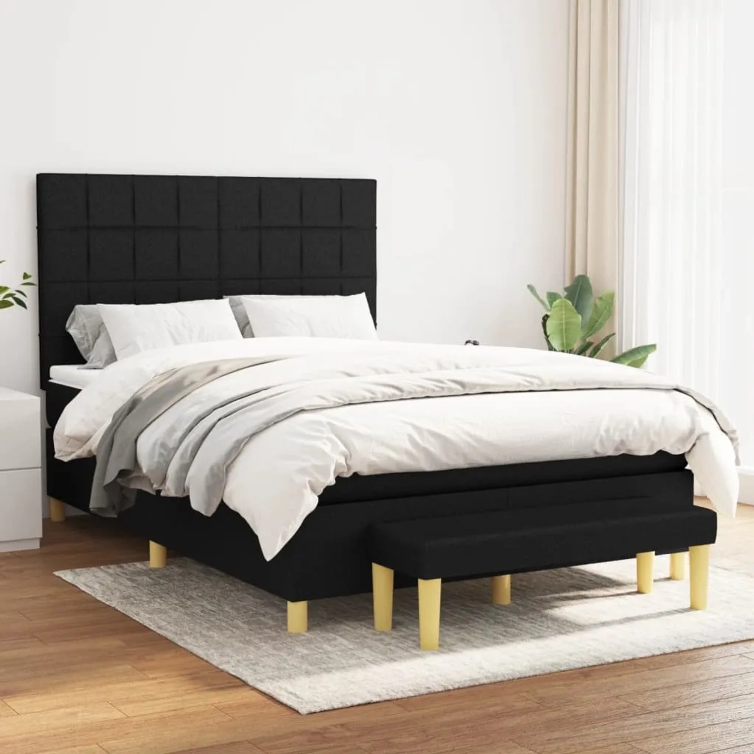 Schwarzes vidaXL Boxspringbett (140x190 cm) mit Matratze, Kopfteil und Bank. Stoffbezug.