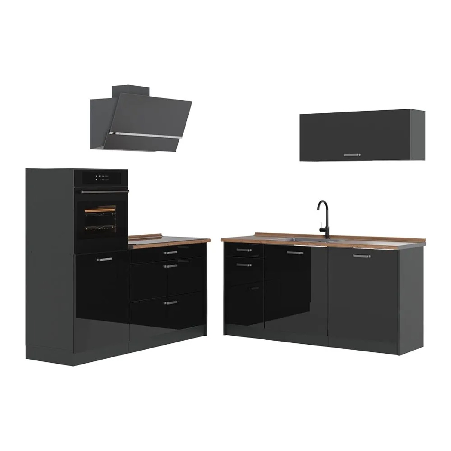 Vicco Küchenzeile R-Line Schwarz Hochglanz/Anthrazit 160 x 143 Arbeitsplatte Goldkraft Eiche Art Nr 66123