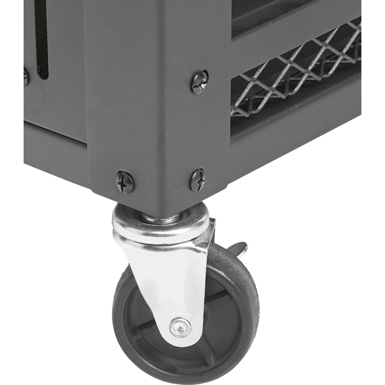 Detailaufnahme: Rad mit Feststellbremse am Jamestown Kombigrill Drake Holzkohlegrill.