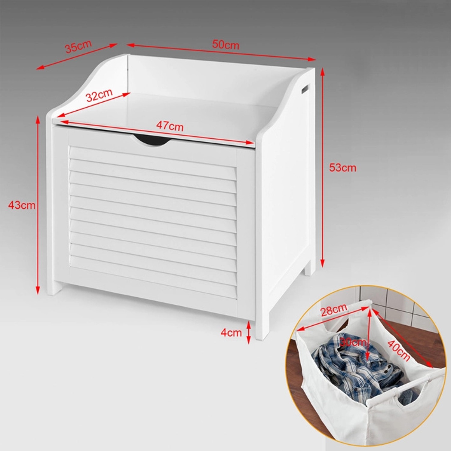 Weiße SoBuy Wäschetruhe FSR40-W mit Wäschesack, Badaccessoire mit Sitzfläche und Lattenmuster.