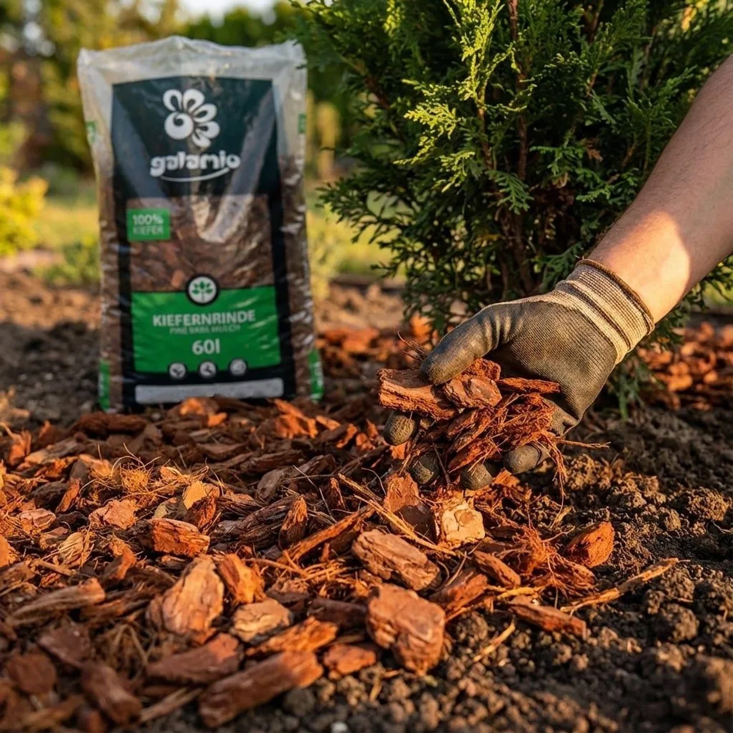 Hand verteilt rotbraunen Galamio Kiefer Rindenmulch um eine grüne Pflanze. Sack Mulch im Gartenbeet.