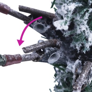 Detailaufnahme: Klappmechanismus des beschneiten, künstlichen Weihnachtsbaums mit LEDs.