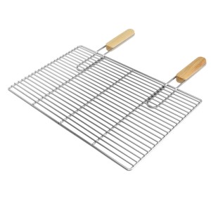 Rechteckiger Edelstahl Grillrost 54x34 cm mit abnehmbaren Holzgriffen für Grills. Robustes Grillutensil.