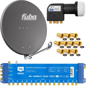 Komplettes SAT-Anlagen-Set: Anthrazit Fuba 80cm Satellitenschüssel, Quattro LNB, blauer Multischalter, F-Stecker für UHD/4K.