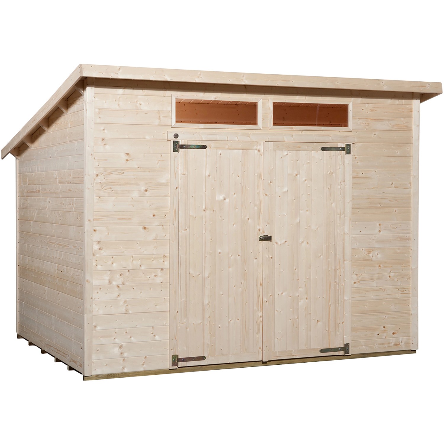 Unbehandeltes Weka Holz-Gartenhaus mit Pultdach und Doppeltür. Ideal zur Aufbewahrung im Garten.