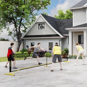 SPORTNOW Pickleball Netz aus Metall, gelb/schwarz, mit spielenden Personen im Garten.