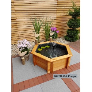 Sechseckiger Hochteich aus Kiefernholz mit Pumpe und Springbrunnen für den Garten.