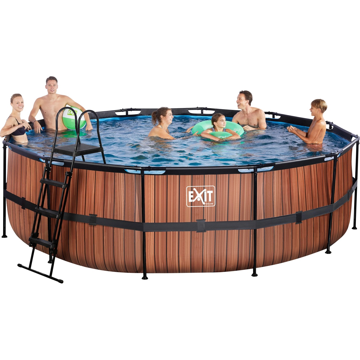 EXIT Wood Pool, braun, ø 488x122 cm mit Sandfilterpumpe und Poolleiter. Menschen im Pool.