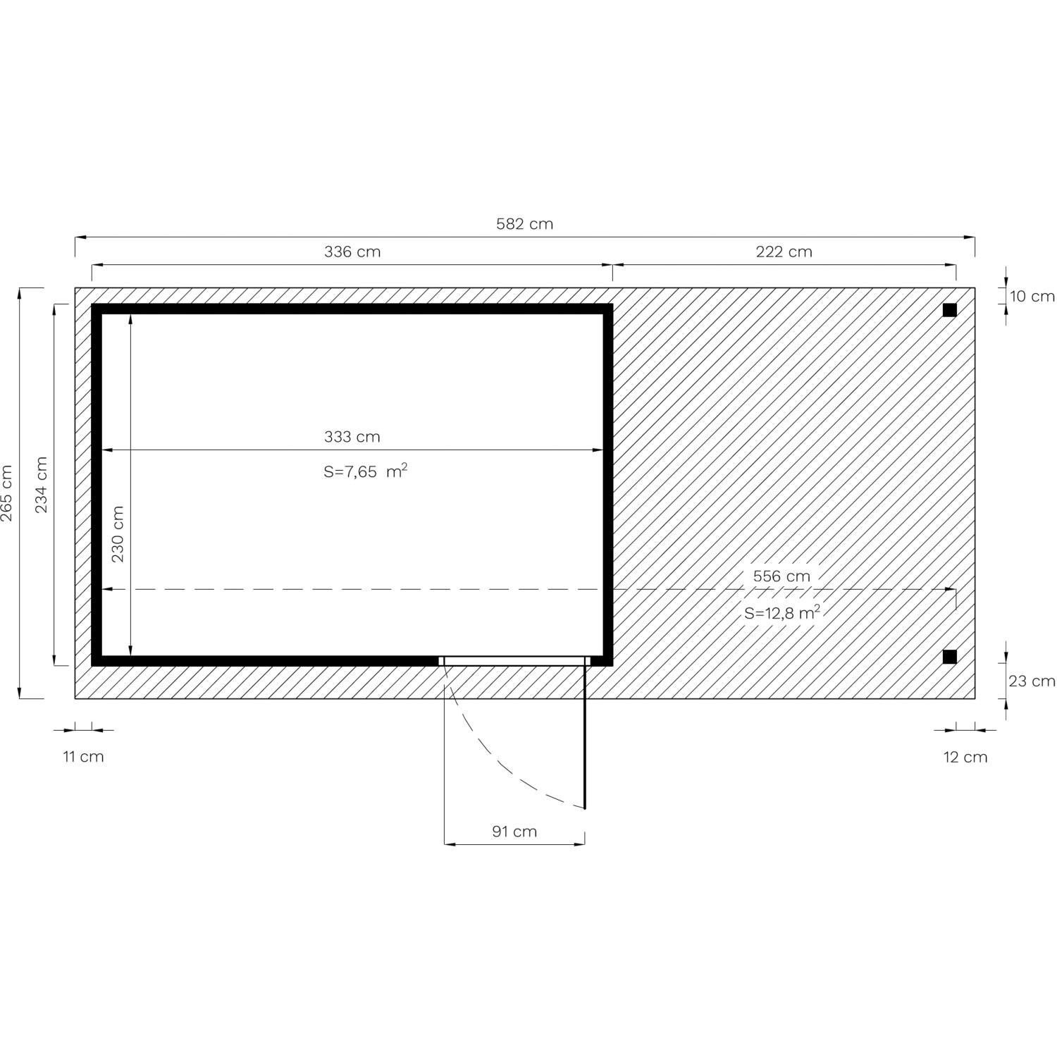 Grundriss Bertilo Gartenhaus Pentus 3 Lounge 234x558 cm, graues Holzhaus mit Anbau und Maßen.