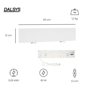 Dalsys Anti-Schimmel-Heizung, 60W, weiße Infrarotheizung mit Maßen und technischen Daten.