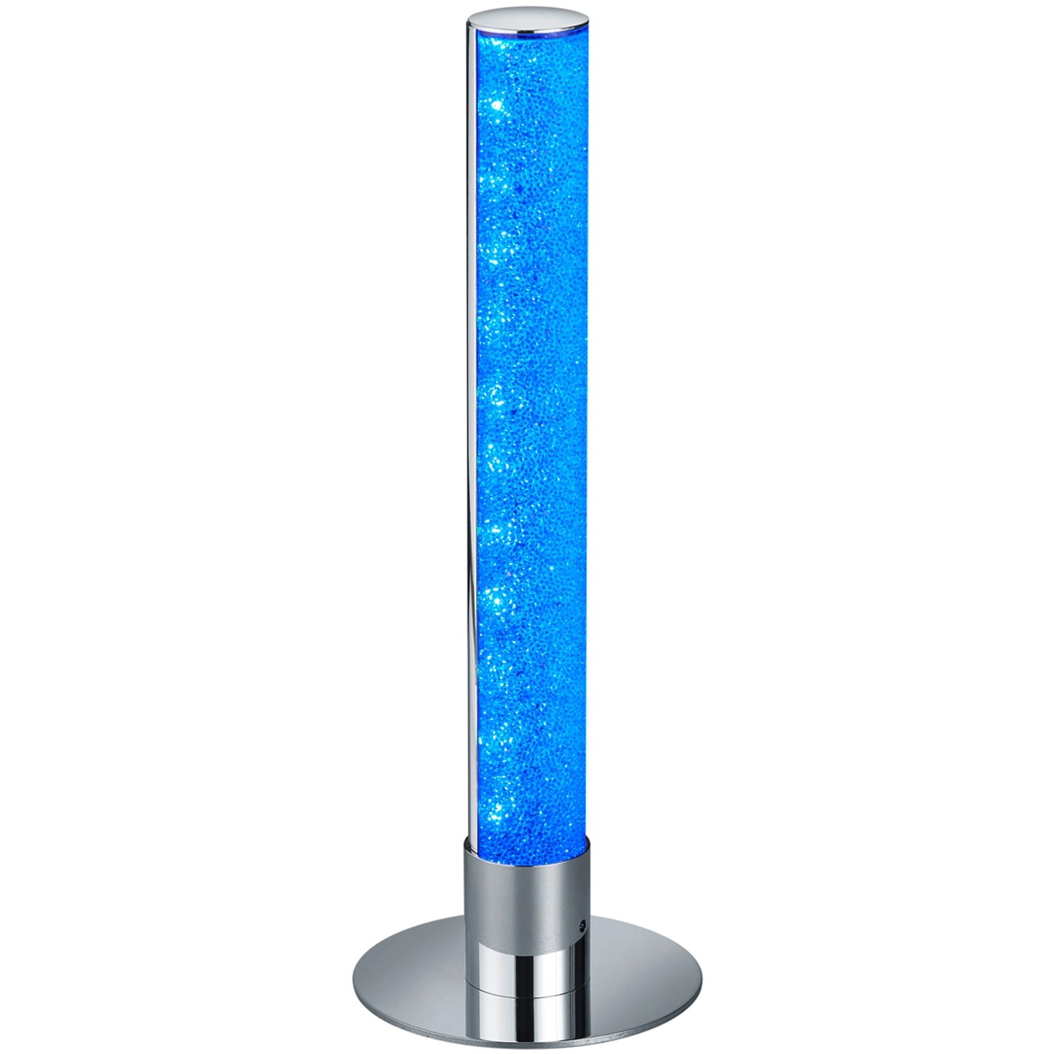 Moderne LED-Tischleuchte Leia mit blauem Kristalleffekt und silberfarbenem Fuß.