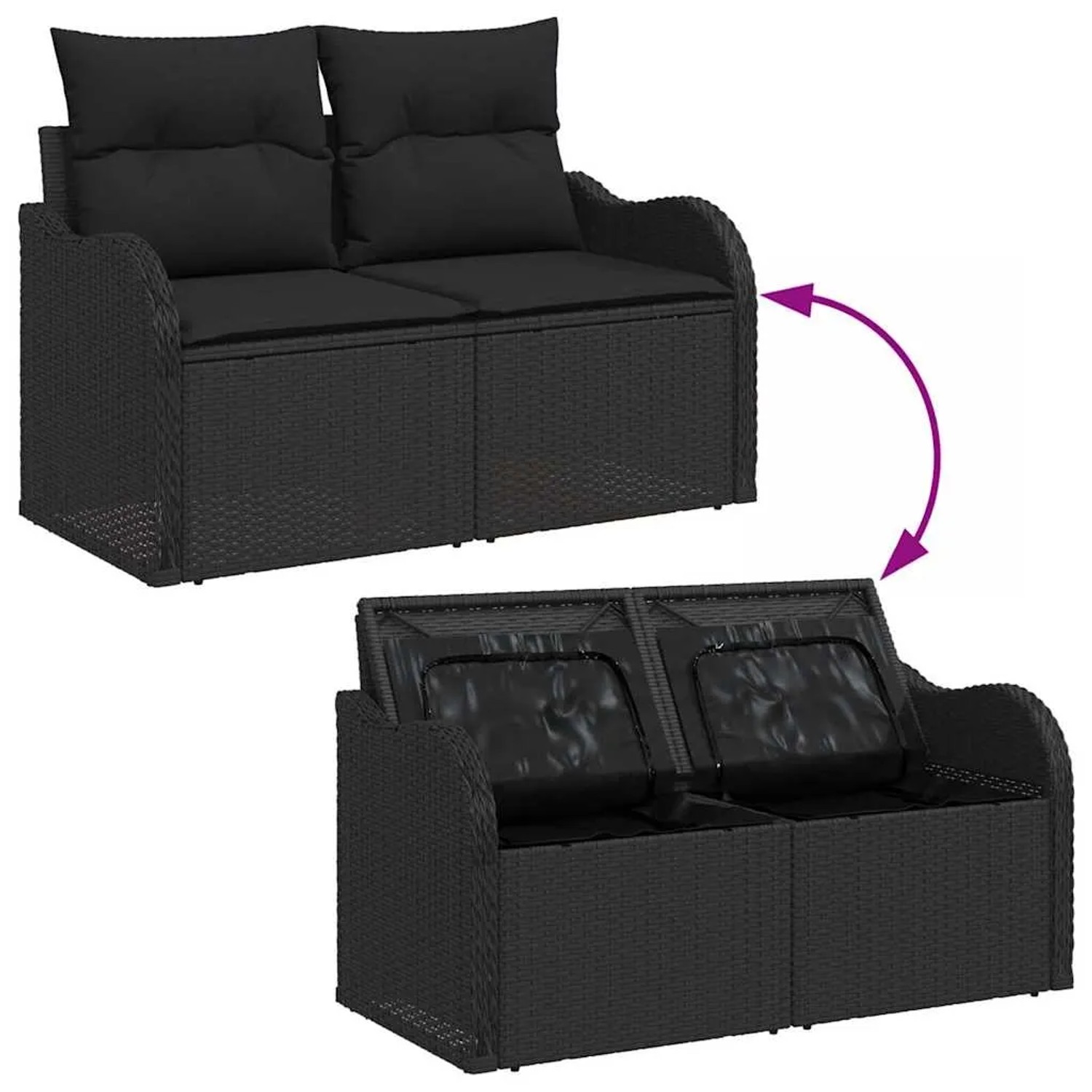 Schwarzes 7-teiliges vidaXL Garten-Sofa-Set aus Poly Rattan mit Kissen.