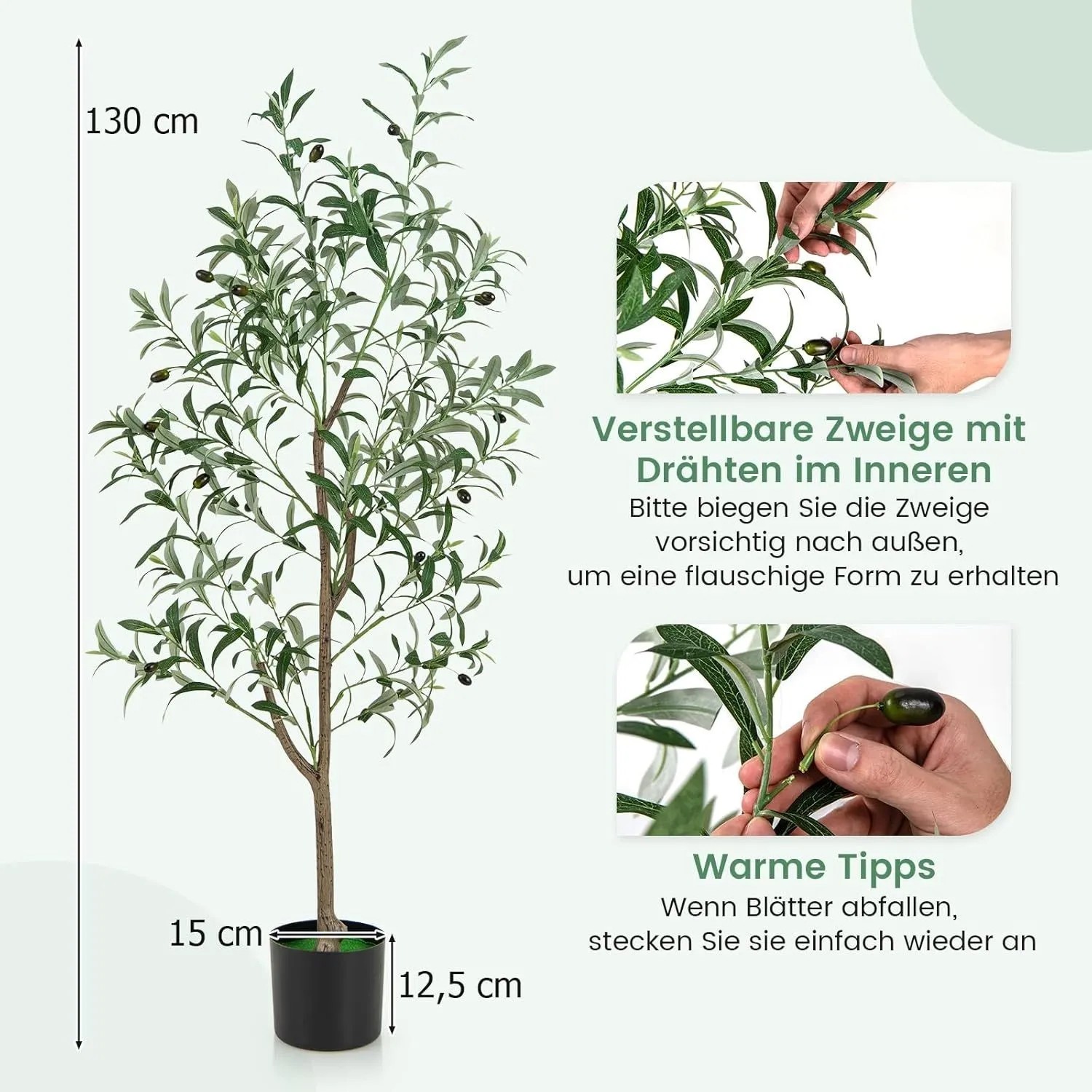 130 cm hoher künstlicher Olivenbaum mit grünen Blättern, dunklen Früchten und schwarzem Topf. Realistische Kunstpflanze mit verstellbaren Zweigen.