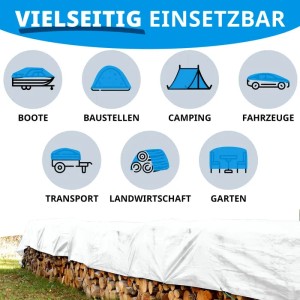 Weiße Karat Abdeckplane 10x12m schützt Holz vor Nässe. Wasserdichte Plane mit Ösen für vielseitigen Einsatz.