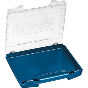 Offener, blauer Bosch Professional i-Boxx 53 Werkzeugkoffer mit transparentem Deckel.