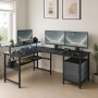 Schwarzer L-förmiger Schreibtisch Brandon mit zwei Schubladen und Ablagen. Moderner Bürotisch für Homeoffice oder Gaming.