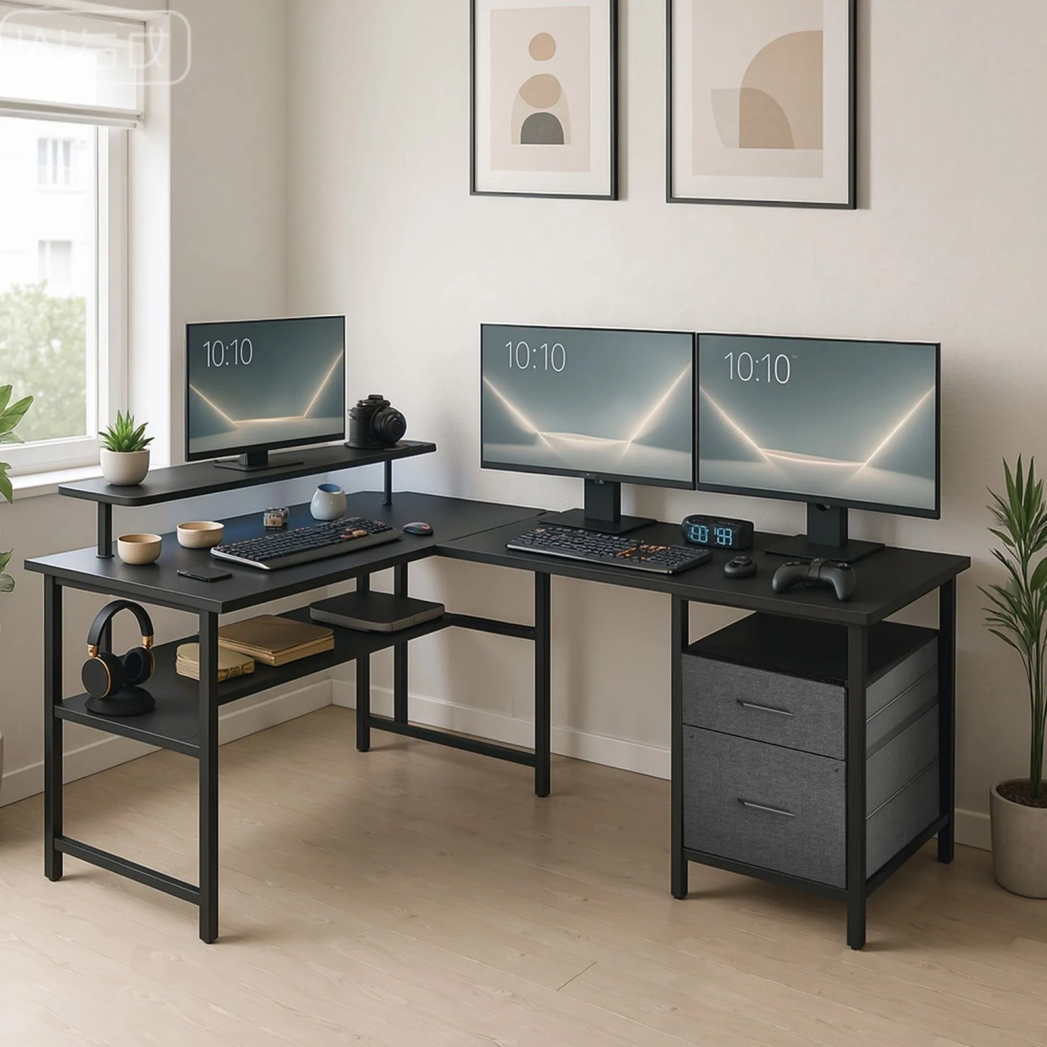 Schwarzer L-förmiger Schreibtisch Brandon mit zwei Schubladen und Ablagen. Moderner Bürotisch für Homeoffice oder Gaming.