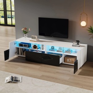 okwish TV Schrank mit Hochglanz LED Schubladen Stauraum Wohnzimmer 180x38.5x45cm Weiß