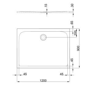 Technische Zeichnung der pianura Duschwanne Emilia, 120x90 cm, aus Mineralguss mit Maßangaben.