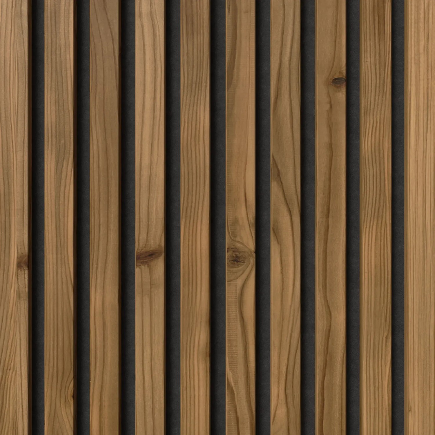 Musterpaneel Denpanels Nordic Outdoor Design: Thermoholz mit schwarzem Filz für Akustik.