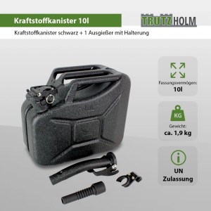 TRUTZHOLM 1x Kraftstoffkanister 10 L Hammerschlag Kratzfest Mit Ausgießer Und Halter Schwarz