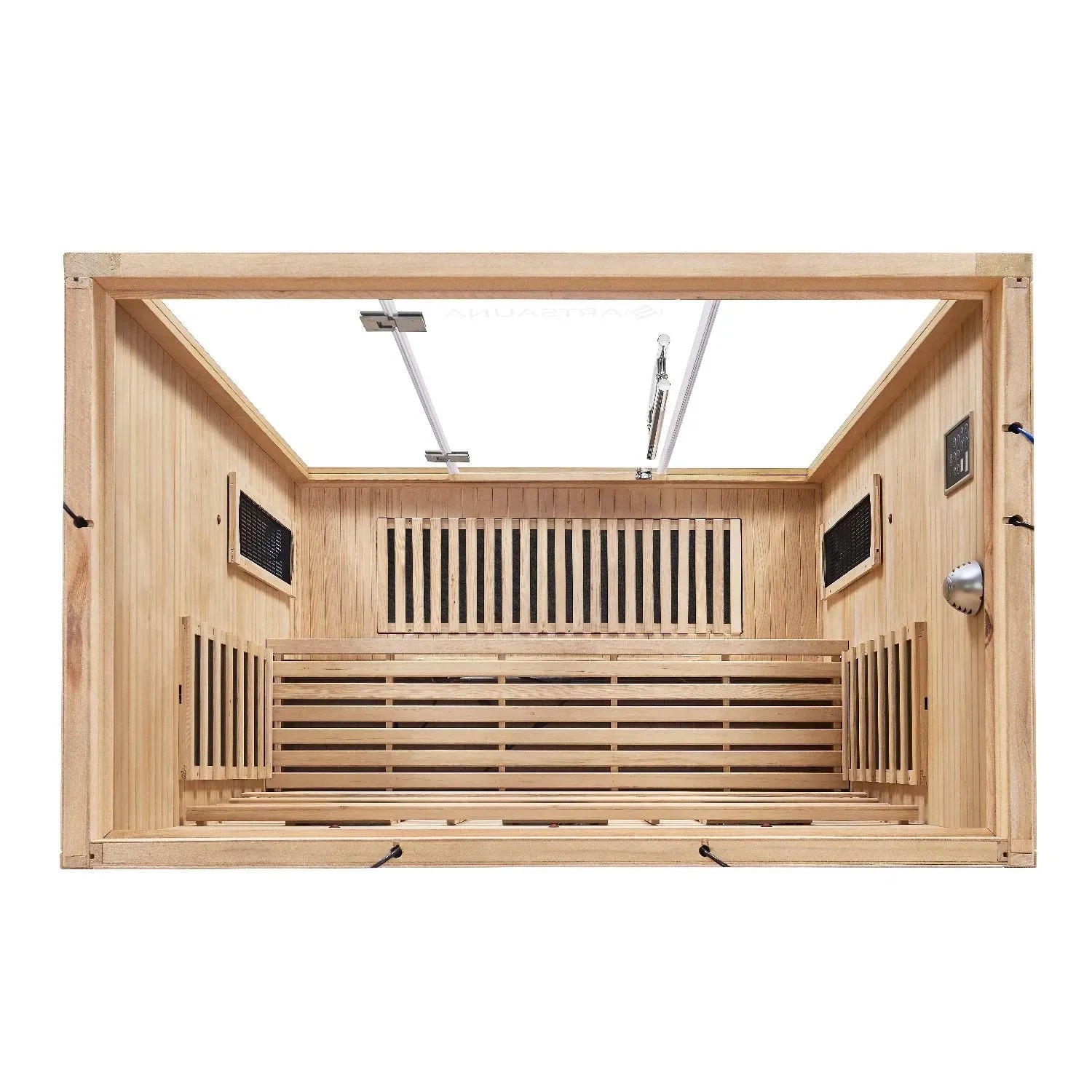 Innenansicht Artsauna Infrarotkabine Kiruna160 aus Hemlockholz mit Sitzbank und Dual Technologie.