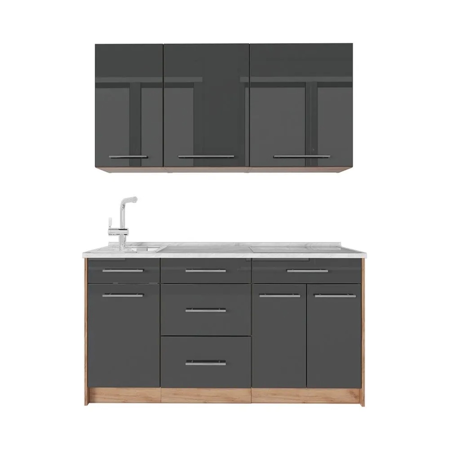 Vicco Singleküche Fame-Line Anthrazit Hochglanz/Goldkraft Eiche 150 x 82 AP Marmor Art Nr 64781