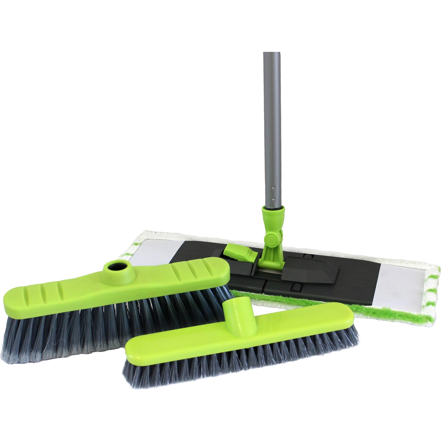 Bürstenmann Bodenreinigungsset, 4-teilig mit Bodenwischer, Besen, Schrubber und Stiel in verschiedenen Farben.