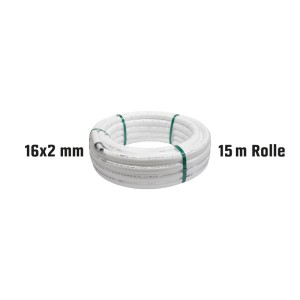 Weißes PIPETEC Mehrschichtverbundrohr, 16x2 mm, 15 m Rolle. Aluminium-Verbundrohr für Wasserinstallationen.