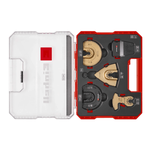 Einhell Multitool-Set XL Plus-Case, 10-teilig, mit verschiedenen Sägeblättern und Raspeln in roter Aufbewahrungsbox.