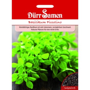 Dürr Samen Basilikum Piccolino: Saatgut-Packung mit Basilikum-Pflanze und Saatgut-Ansicht.