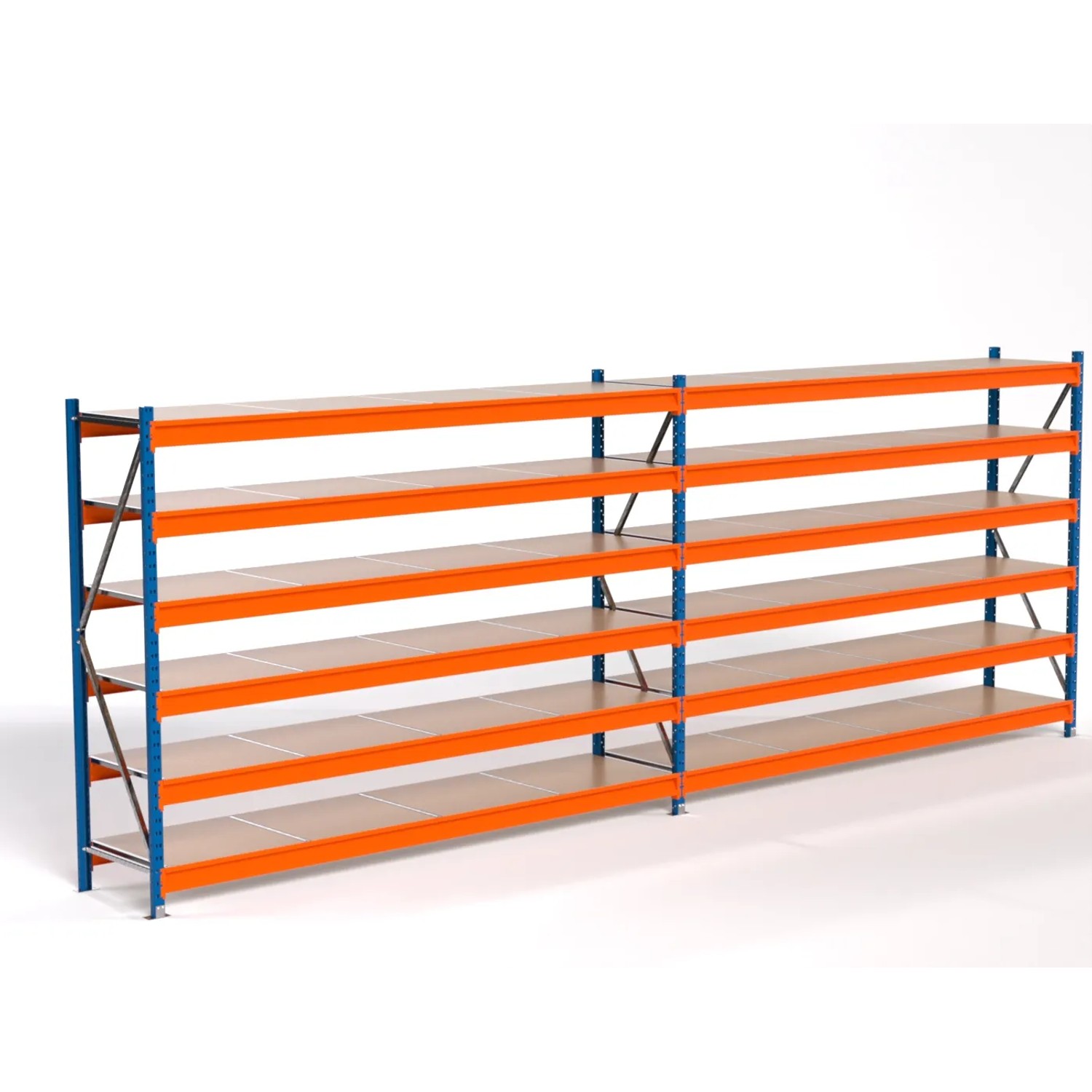 PROREGAL Industrie Weitspannregal Lagerregal MAXIMUS PRO Komplettregal 2 Felder HxBxT 200x550x60cm 6 Spanplatten-Fachboden Fachlast 450kg Blau/Orange
