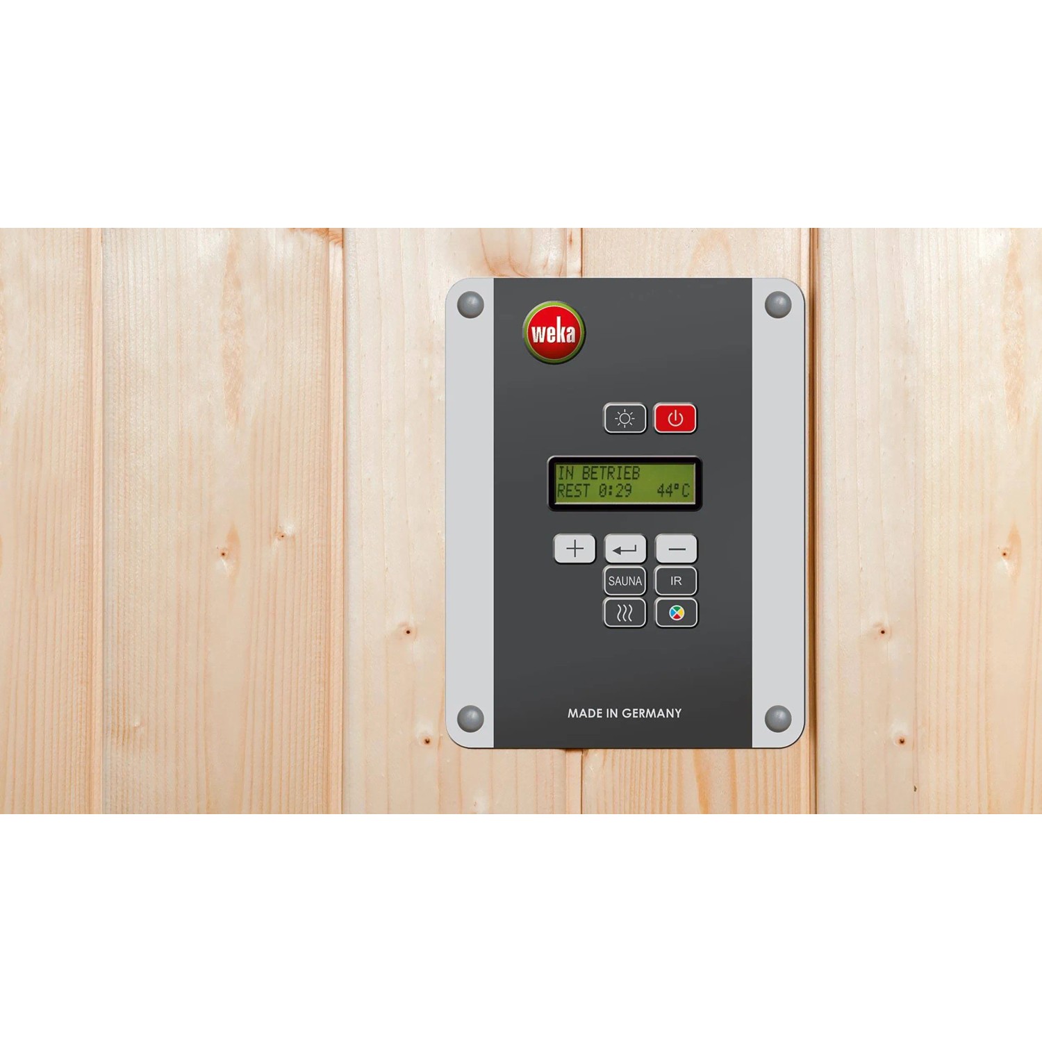Detailaufnahme der Steuerung der Weka Infrarotkabine Ranua 1 mit wekaTherm-Flächenstrahler.