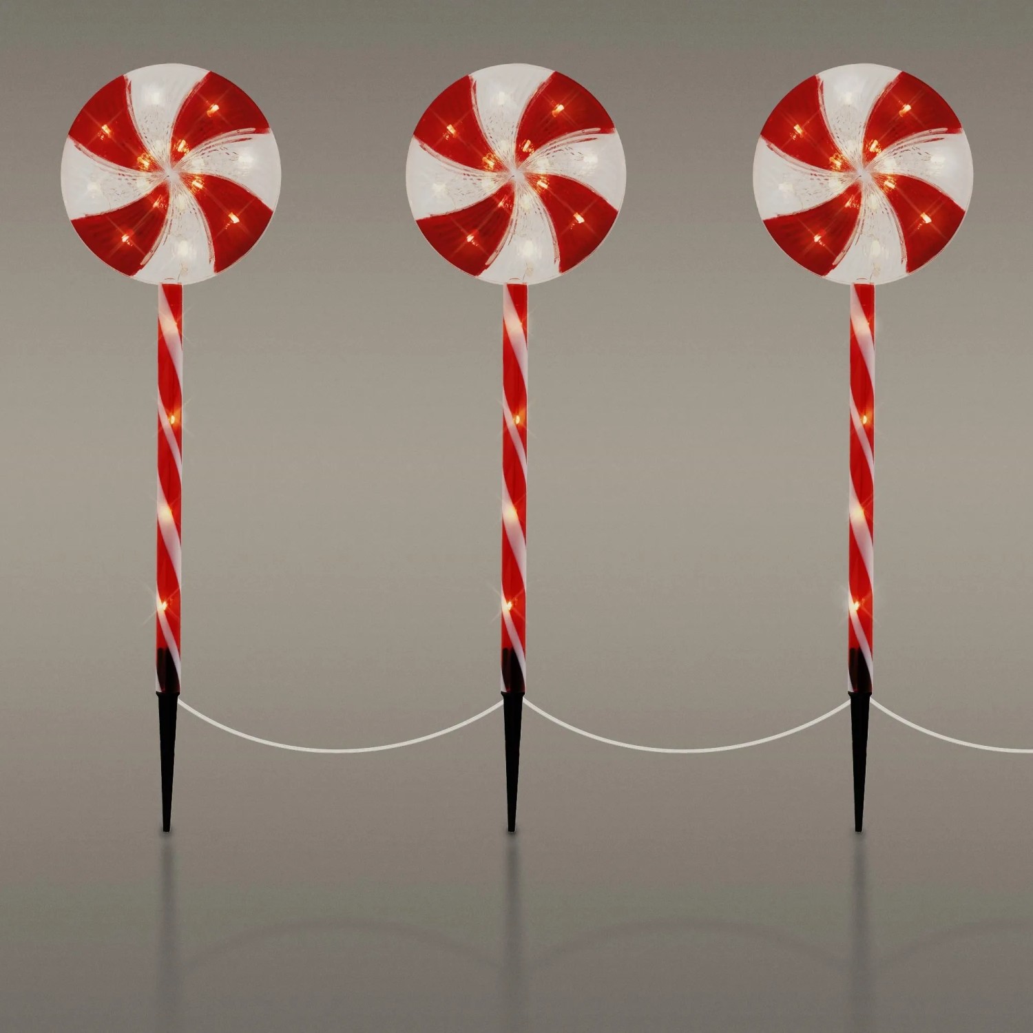3er Set LED Lollipop-Weihnachtsdeko für außen, 60 LEDs, 3m, 8 Modi, rot/weiß