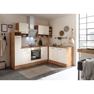 Respekta Winkelküche in Weiß und Wildeiche Nachbildung mit E-Geräten und Apothekerschrank.