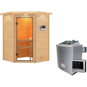 Woodfeeling Sauna Antonia mit Ofen, externer Steuerung und LED-Dachkranz.