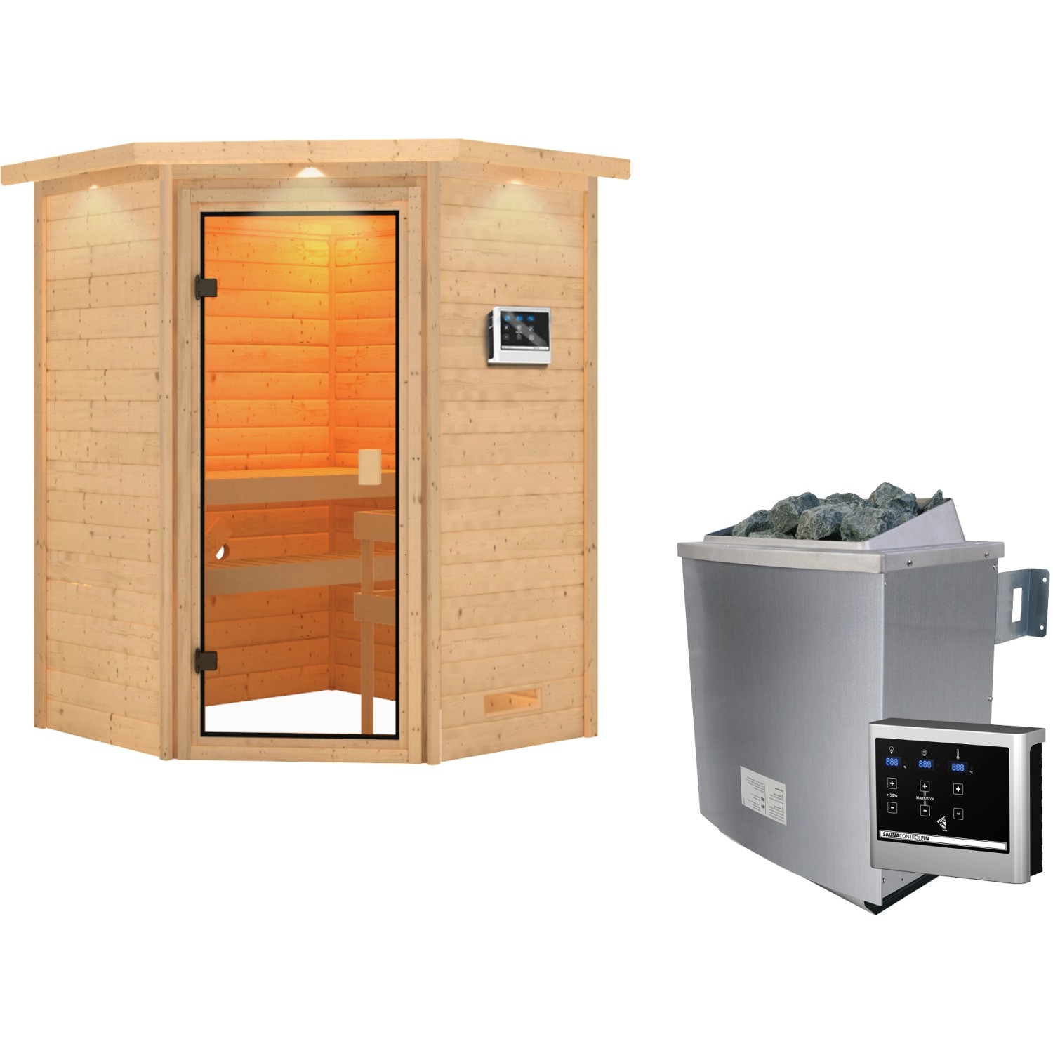 Woodfeeling Sauna Antonia inkl. 9 kW Ofen mit ext. Strg., LED-Dachkranz