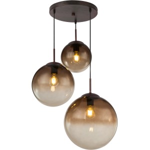 Moderne Globo Pendelleuchte Varus mit drei braunen Glasschirmen.