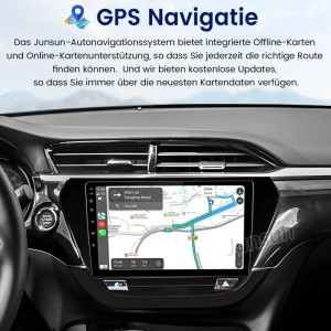 Junsun 10 Zoll Autoradio mit GPS Navigation auf dem Touchscreen, nahtlos integriert im Opel Corsa F Armaturenbrett.