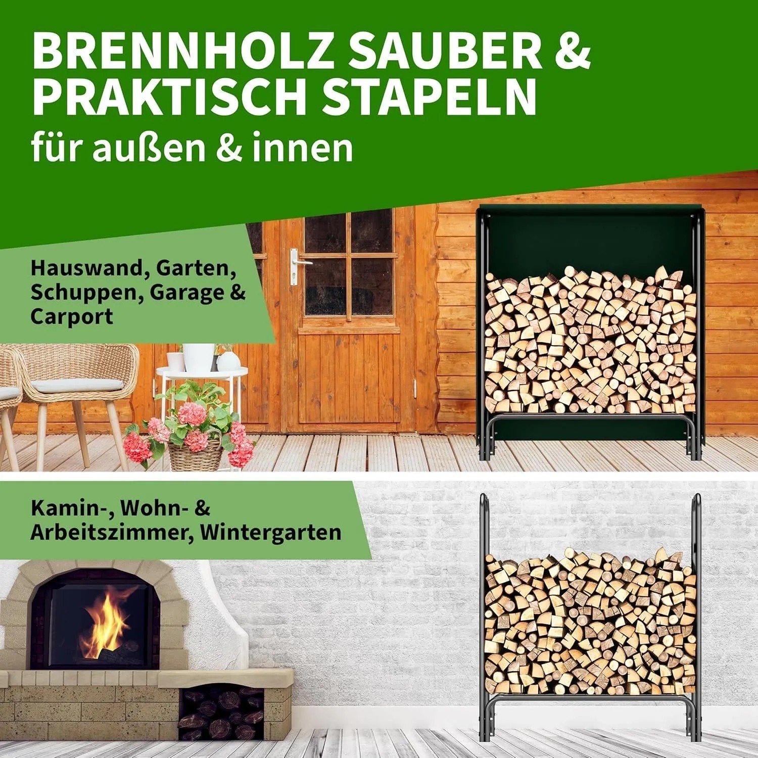 TTL GARDEN Kaminholzregal S mit Holz, pulverbeschichteter Stahlrahmen, für Innen und Außen.