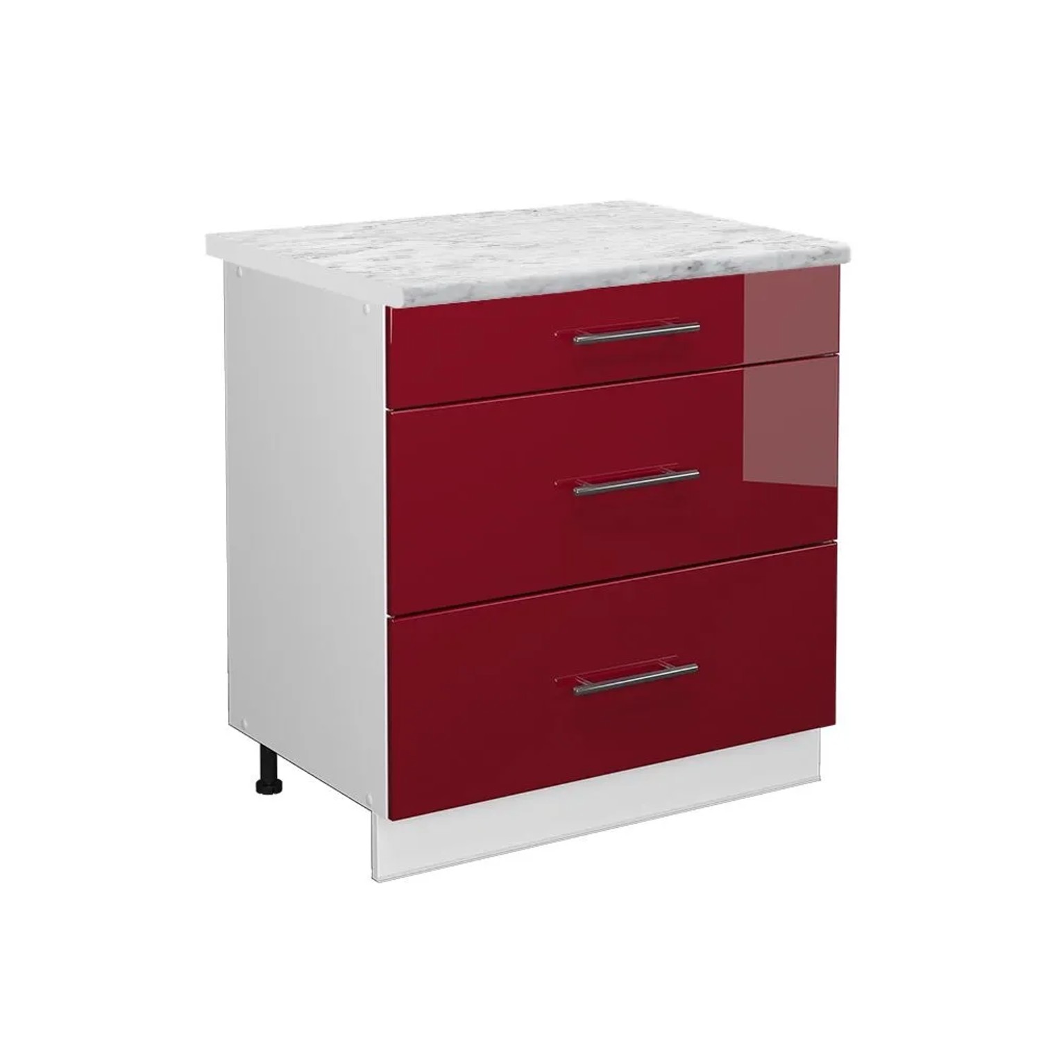 Vicco Küchenunterschrank Fame-Line Bordeaux Hochglanz Weiß 80 cm mit 3 Schubladen AP Marmor