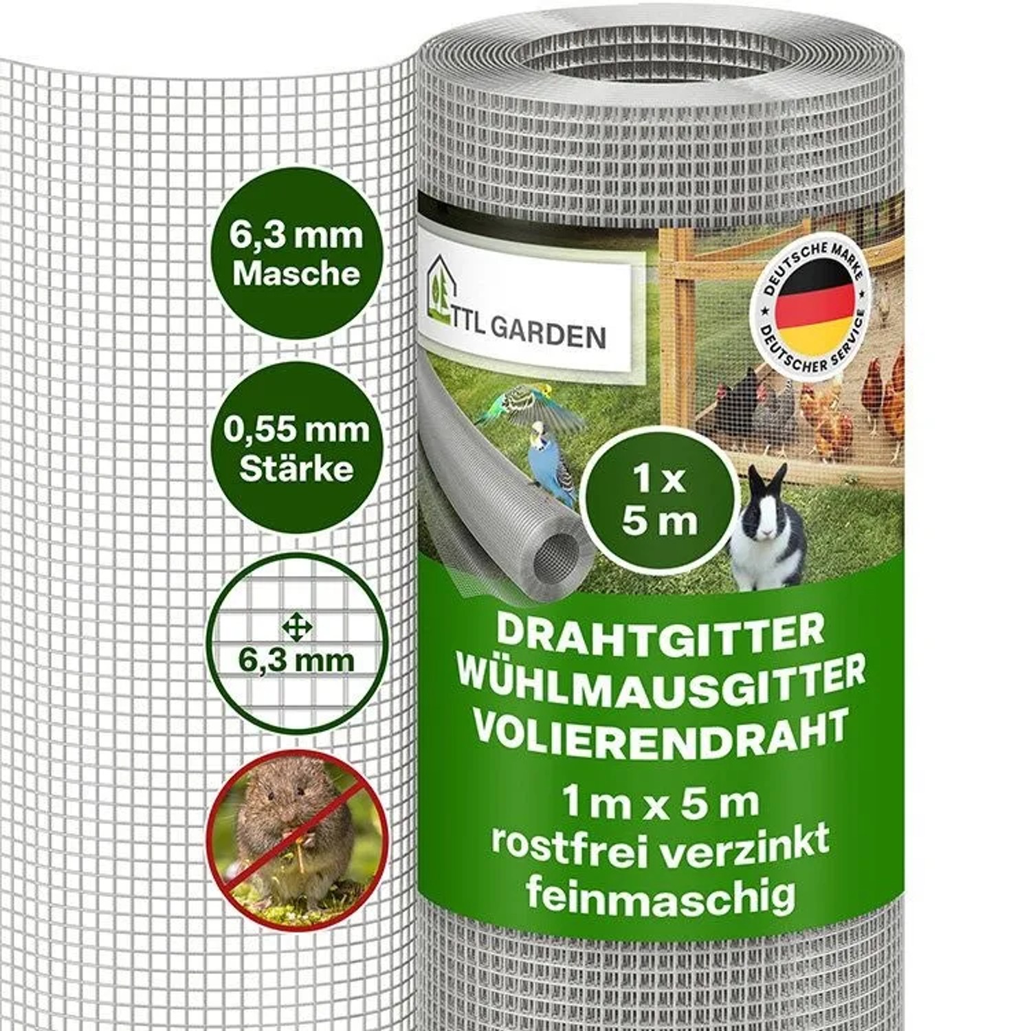 TTL GARDEN Drahtgitter 1m x 5m Rolle 6,3mm Masche Ø0,55mm Verzinkt Feinmaschig für Hochbeet Voliere Gartenzaun